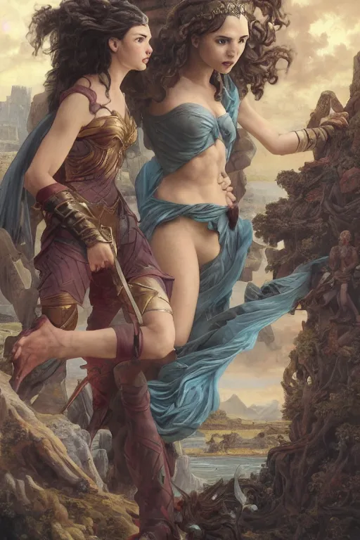 Image similar to A fantasy comic book style portrait painting of Gal Gadot, Anya Taylor-Joy, Joey King, as an Atlantean Reptilian Warrior, François Boucher, Oil Painting, Mystical Valkyrie, unreal 5, DAZ, hyperrealistic, octane render, Regal, Refined, Detailed Digital Art, RPG portrait, William-Adolphe Bouguereau, Michael Cheval, Walt Disney (1937), Steampunk, dynamic lighting, Highly Detailed, Cinematic Lighting, Unreal Engine, 8k, HD