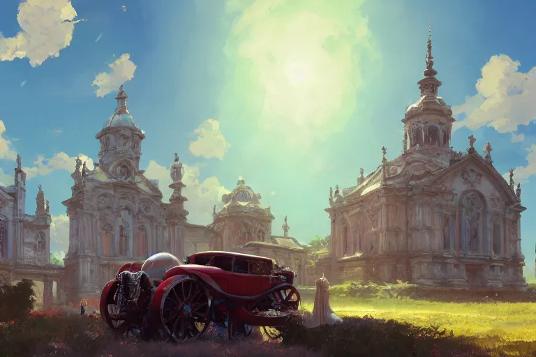 Image similar to a driving ornate baroque church mounted on chainwheels, scene in an open field. key visual, conceptart, ambient lighting, highly detailed, digital painting, artstation, concept art, sharp focus, by makoto shinkai and akihiko yoshida and greg manchess