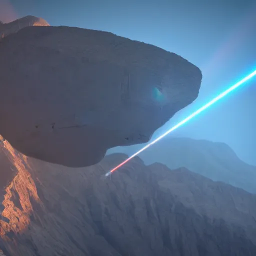 Prompt: orbital laser strike destroying a mountain viewed from the surface, 4K render