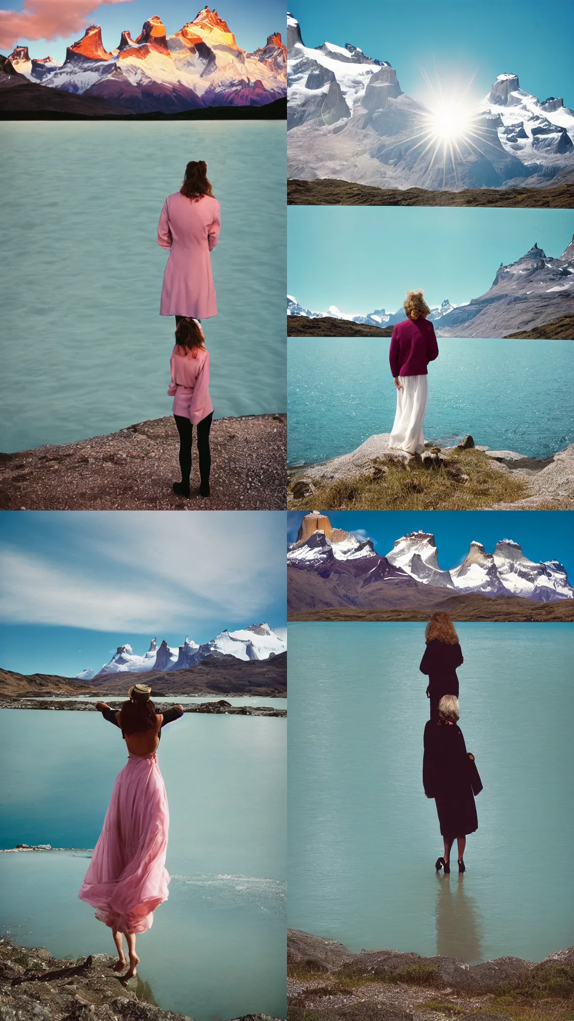 Prompt: photograph of a woman from the back standing in the lake shore in torres del paine national park by mark owen. pastel colors. kodak portra film!!. whirl bokeh!. mamiya 7. highly detailed. hq. photoreal. golden hour. lens flare. faded film. in - frame.