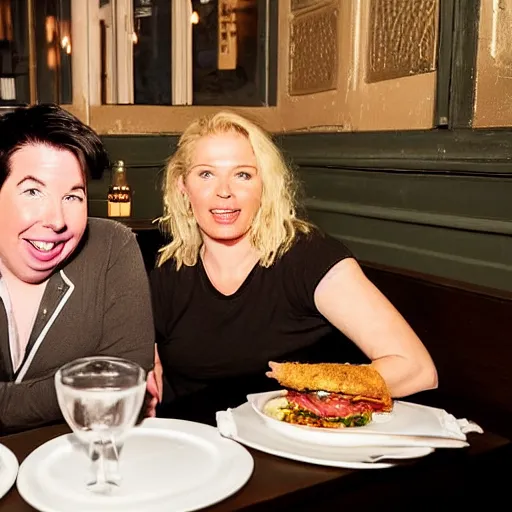 Prompt: portait of michael mcintyre and middle aged blonde woman with short hair and a blonde woman with long hair having dinner at sunday in brooklyn restaurant, greg rutkowsk