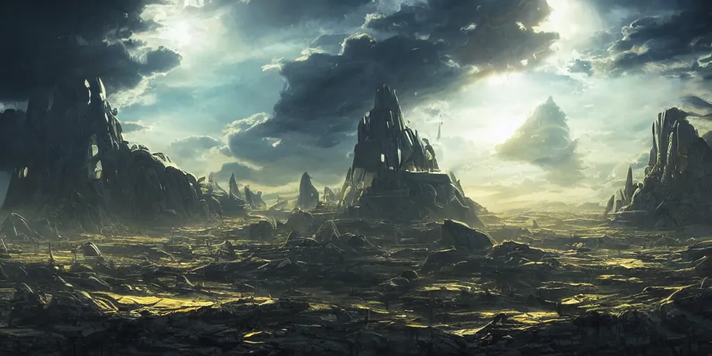 Image similar to ancient futuristic civilization in another planet, dramatic lighting, cinematic establishing shot, extremely high detail, photorealistic, cinematic lighting