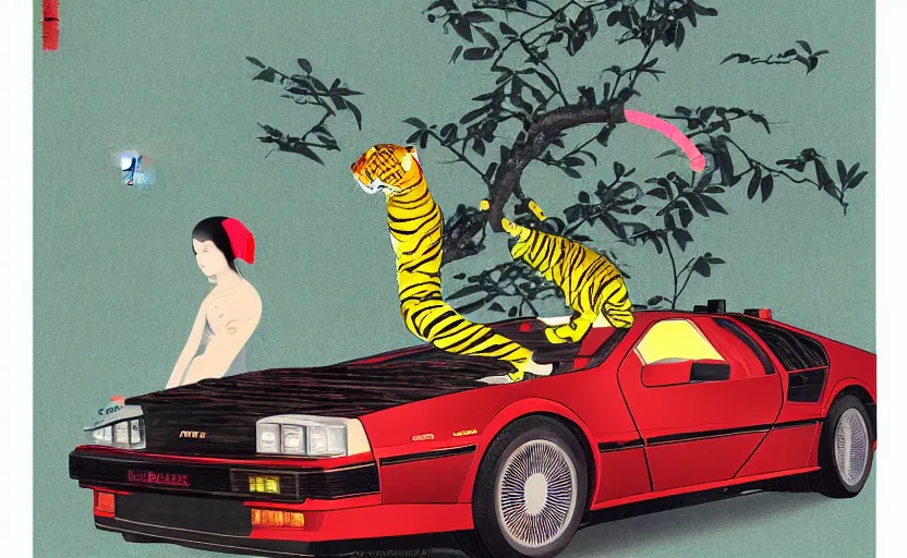 Prompt: a red delorean and a yellow tiger, painting by hsiao - ron cheng & utagawa kunisada, magazine collage style,