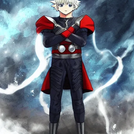 Image similar to adult killua zoldyck in thor's dark world mcu armor, full body armor, anime art, highly detailed