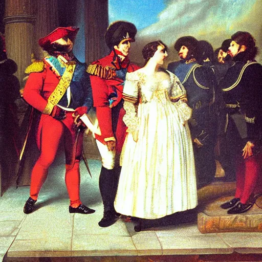 Image similar to joaquin phoenix as napoleon confused whilst storming a castle in napoleonic outift, oil painting