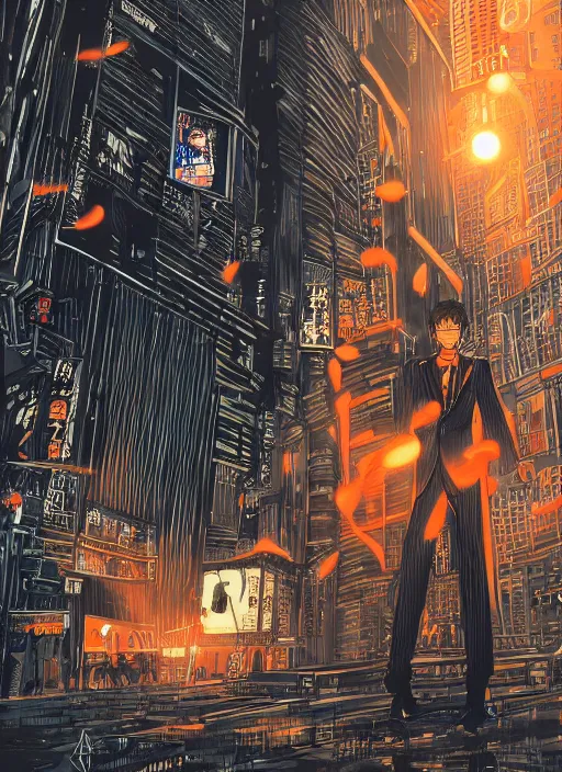 Prompt: manga cover, anthromorphic orange man in a black business suit, intricate cyberpunk city, emotional lighting, character illustration by tatsuki fujimoto