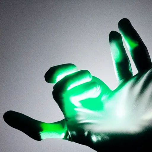 Image similar to a glowing shard of kryptonite held in an open black - gloved hand, pitch black background, glove dimly lit only by the green glow of the kryptonite