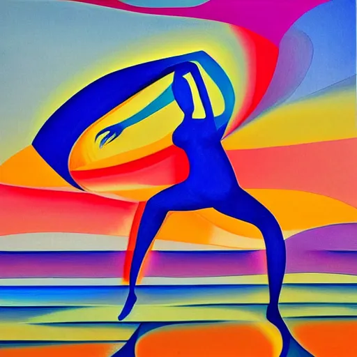 Prompt: woman woman dances by the ocean with her sisters at sunset , abstract art in the style of cubism and georgia o’keefe ,