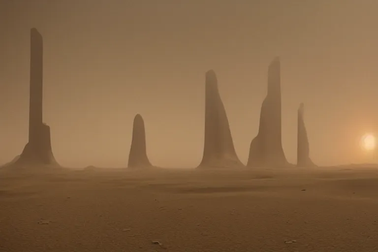 Prompt: gigantic monolithic architecture, open walls let in a sand storm, concrete pillars, ancient sci - fi elements, on an alien planet, sun is blocked by dust, pale orange colors, cinematographic wide angle shot, directed by christopher nolan