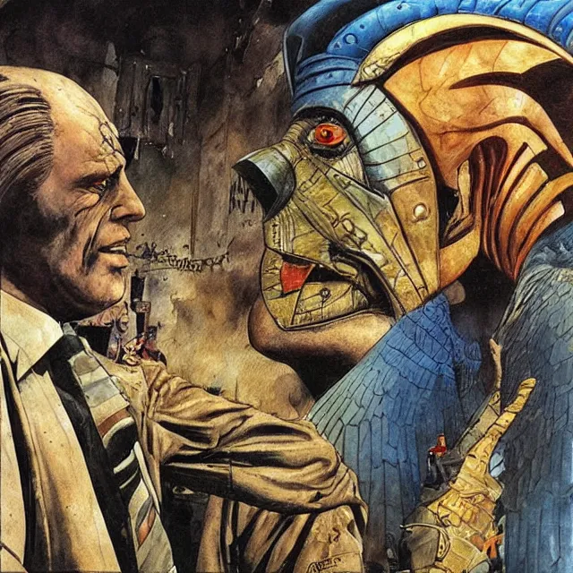 Prompt: artwork by Enki Bilal and Dave McKean showing Horus the falcon headed egyptian god