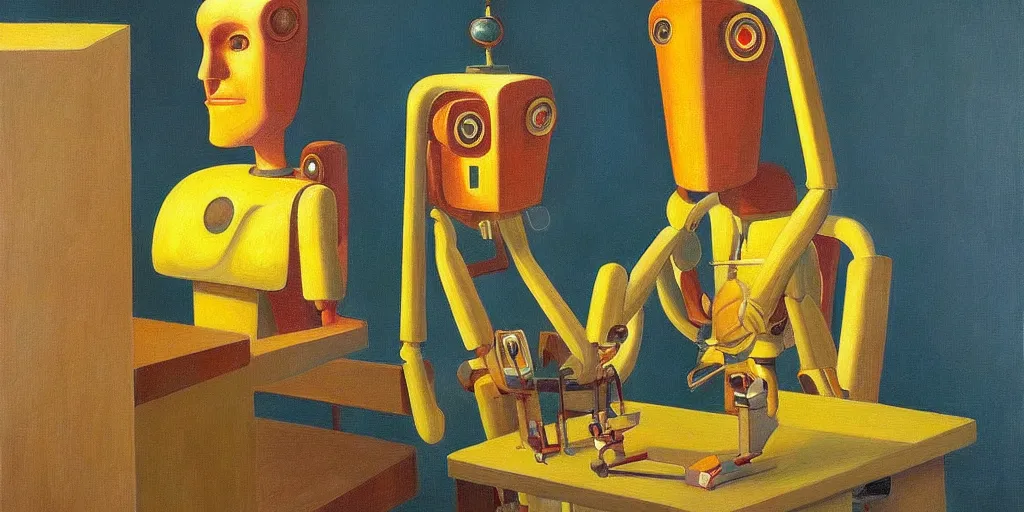 Image similar to super - intelligent robot with kind eyes portrait, grant wood, pj crook, edward hopper, oil on canvas