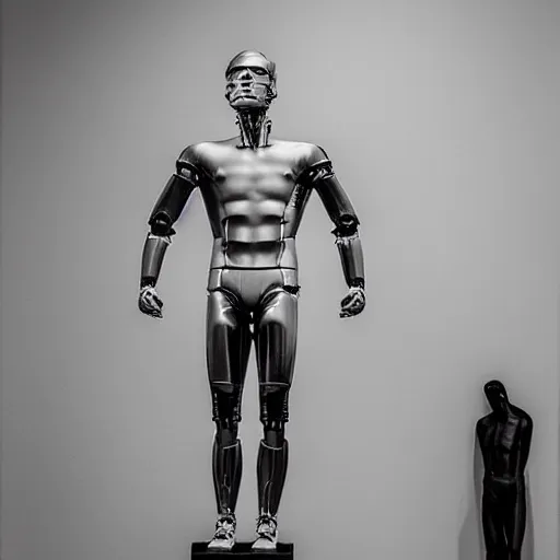 Prompt: “ a realistic detailed photo of a guy who is an attractive humanoid who is half robot and half humanoid, who is a male android, football player christian mccaffrey, shiny skin, posing like a statue, blank stare, at the museum, on display ”
