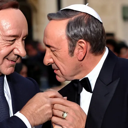 Prompt: Kevin spacey and the pope French kissing each other, 8k