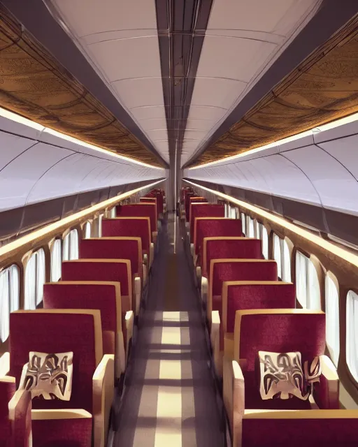 Image similar to photo interior design of a boeing 7 4 7 designed like the orient express. hyper realism, high detail, octane render, high contrast, 8 k