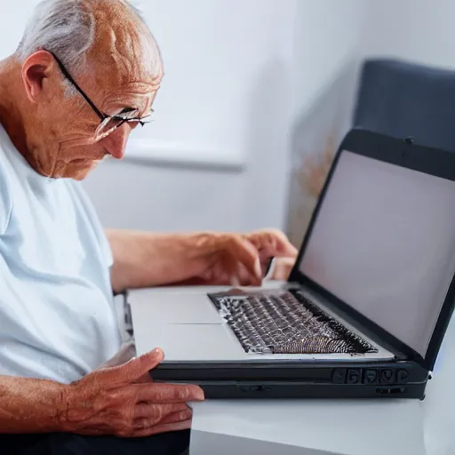 Image similar to elderly man sitting inside a casket browsing internet on laptop from a casket casket