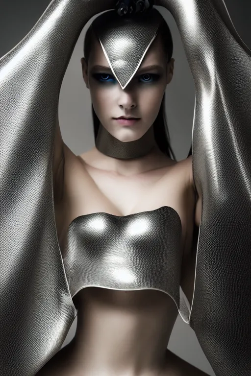 Image similar to beautifull cyberpunk woman model, wearing organic ceramic fractal armor, luxury materials, symmetrical, cinematic, elegant, professional studio light, real dlsr photography, sharp focus, 4 k, ultra hd, sense of awe, high fashion