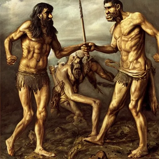 Prompt: historical picture war between homo sapien and neanderthal, artstaton, stable art detailed,