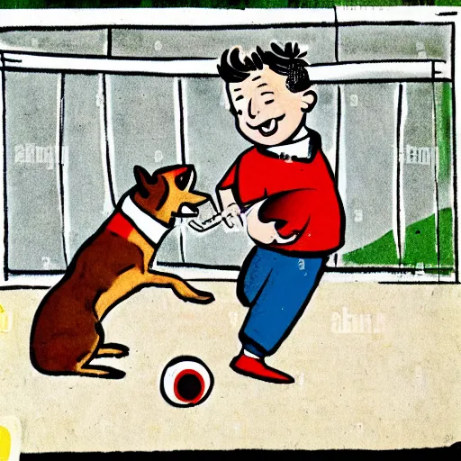 Image similar to illustration of french boy in paris playing football against a corgi, the dog is wearing a polka dot scarf, comic, 1 9 6 2