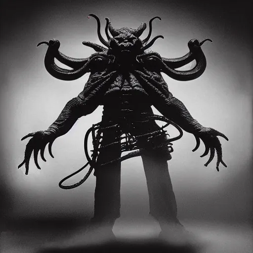 Image similar to cthulhu samurai, lots of cables and wiring. Photograph from blockbuster sci-fi film
