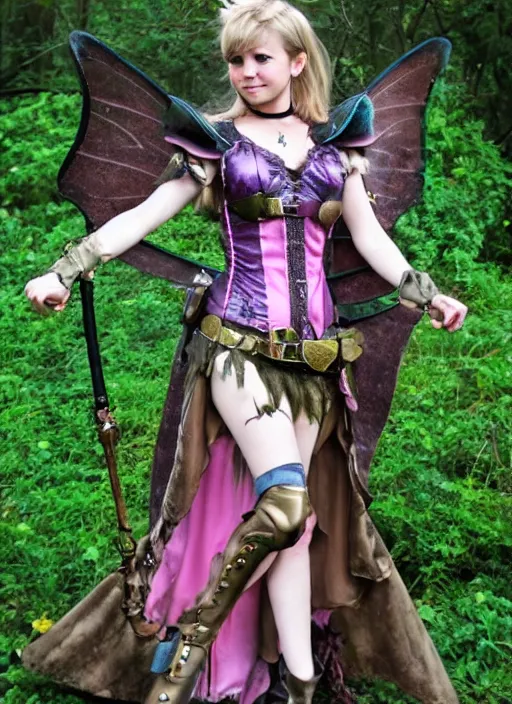 Image similar to Brown hair pink eye female faerie heart paladin planeteer + Tinkerbell +pixie hollow + steampunk + full dress + sparked and a full plate armor + D&D + full body