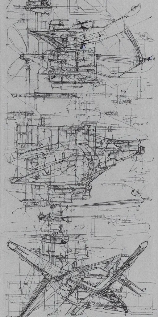 Prompt: Leonardo dav vinci intricate full page scan blueprint of concept art spacecraft, with gun emplacements on grey paper sketch ink style with dark background :: ultra-detailed technical precision :: mixed media with white and silver lines, realistic composition, point of interest at golden ratio, light from right, more darkness on the bottom, monumentally art composition, high quality of sketching with subtle hairlines, highly detailed rounded forms, inside out and outside in, octane render