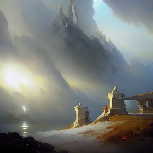 Image similar to ''cinematic shot'' of gates to heaven full detailed 8 k realistic atmosferic made by ivan aivazovsky, peter mohrbacher, greg rutkowski volumetric light effect broad light oil painting painting fantasy art style sci - fi art style realism premium prints available artwork unreal engine