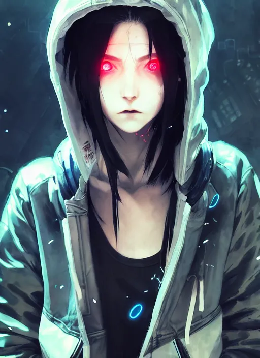 Image similar to cyberpunk anime girl in hoodie, realistic face, beautiful face, grafity, neonpunk, alita, arcane, action, tokyo street, detail, good face, pose model, concept art, in style of yoji shinkawa, pan ren wei, col price, atey ghailan, by greg rutkowski, aesthetic