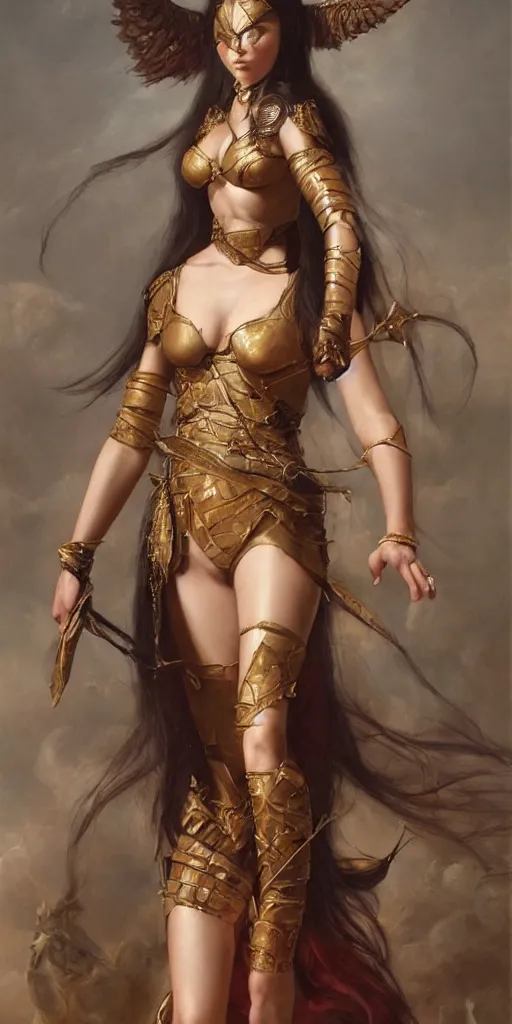 Image similar to the portrait of madison beer as amazon in intricate dress by roberto ferri, fantasy, witcher, very detailed oil painting, masterpiece, 8 k