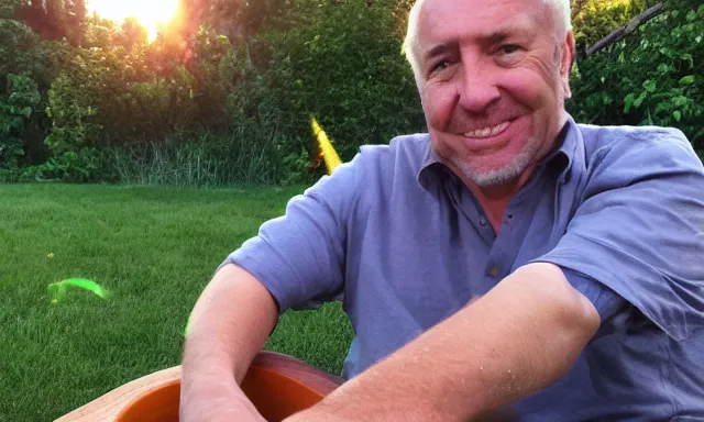 Image similar to My dad Steven just took a hit from the bongo and have good time being gracefully relaxed in the garden, sunset lighting. My second name is Carell. My dad second name is Carell