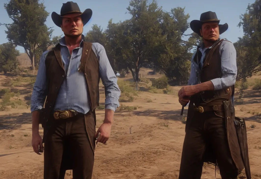 Image similar to elon musk in the red dead redemption 2, elon musk in the video game red dead redemption 2, gameplay screenshot, close up, 3 d rendering. unreal engine. amazing likeness. very detailed.