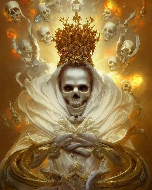 Prompt: 4k cinematic full view ethereal Skull wearing intricate religious gilded Madonna crown ivory , Unreal Engine 5, God Rays, Lumen, by Peter Mohrbacher, by Ruan Jia, by Greg Rutkowski, by Leonardo Da Vinci, detailed and realistic, poetic and symbolic, Trending on Artstation