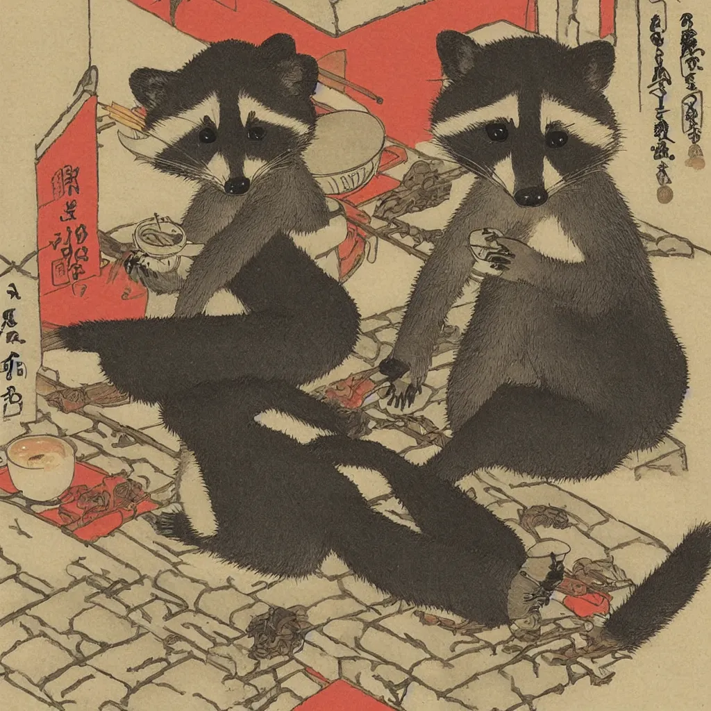 Image similar to little raccoon sitting by a cozy fireplace with a cup of tea. warm color temperature. ukiyo - e,