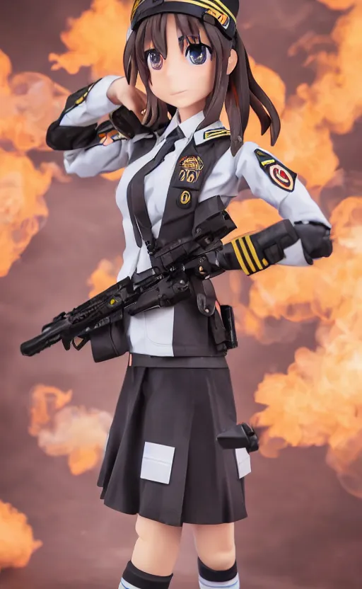 Prompt: toy photo, school uniform, portrait of the action figure of a girl, anime character anatomy, girls frontline universe, collection product, dirt and smoke background, flight squadron insignia, realistic military gear, 70mm lens, round elements, photo taken by professional photographer, trending on instagram, symbology, 4k resolution, low saturation, empty hands, realistic military carrier, 3d printed, miniature colors