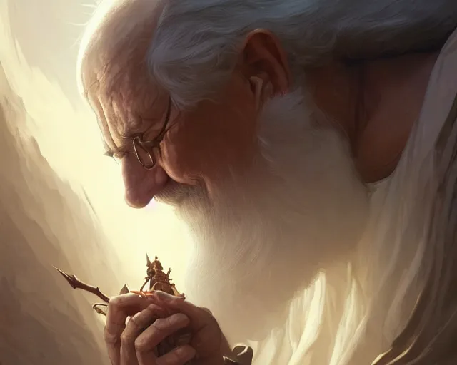 Image similar to an old man floating, deep focus, d & d, fantasy, intricate, elegant, highly detailed, digital painting, artstation, concept art, matte, sharp focus, illustration, hearthstone, art by artgerm and greg rutkowski and alphonse mucha