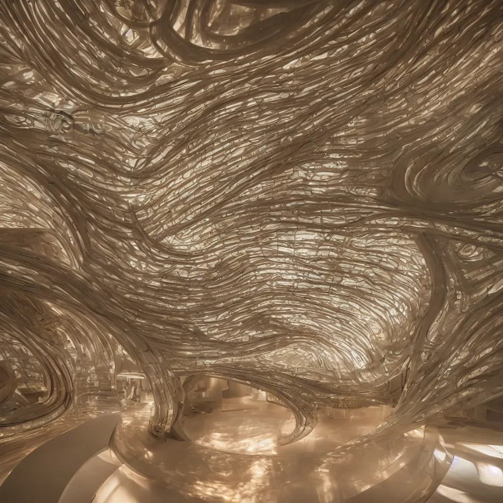 Image similar to extremely detailed stunning beautiful futuristic smooth curvilinear museum interior, translucent gills, hyper real, high quality, 8k, 3D cinematic volumetric light, atmospheric light