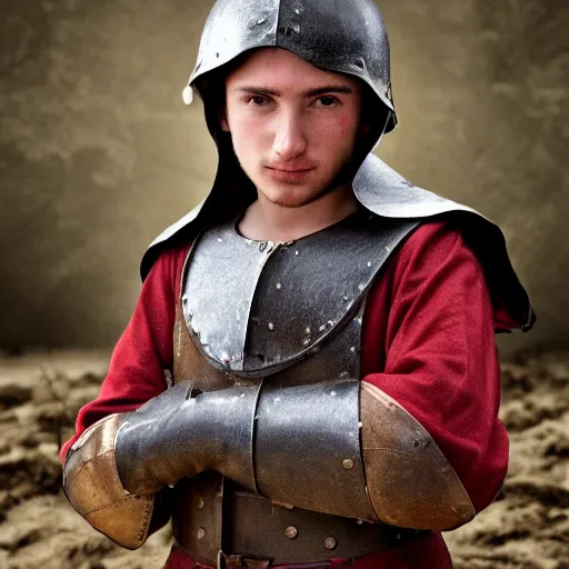 Image similar to Young medieval squire with medieval clothes. Standing in the mud. Face closeup. Hyper realistic photo.