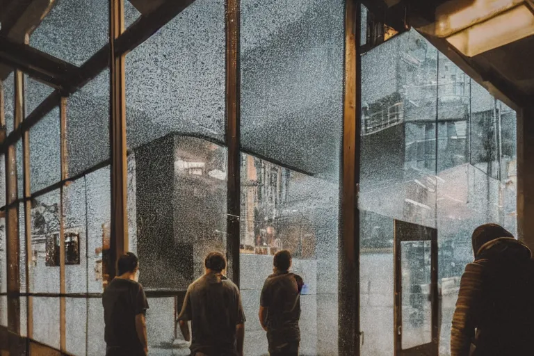 Image similar to outdoorsy guys club likes to look at the exteriors of urban architecture onion column shot by christopher doyle wong kar-wai film texture reflection through lit windows with slight drizzle trickling from them