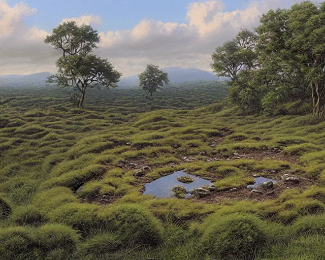 Prompt: a swampy hill landscape with a circle of finger - shaped stones, by ted nasmith