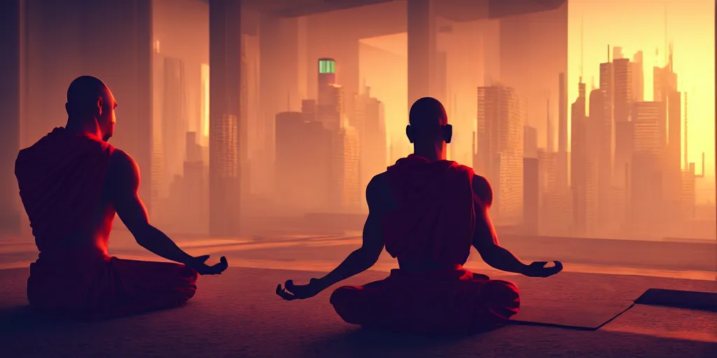 Image similar to meditating monk in cyberpunk style, ultra realistic 8 k resolution.