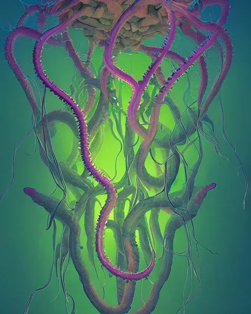 Image similar to scientific botanical illustration of beautiful alien plants with glowing parts, with slimy tentacles, trending on artstation, by james jean and simon stalenhag and zdzisław beksinski, hyper realistic, raytracing, rendering, synthwave color scheme