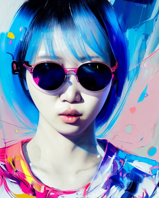Prompt: pretty korean girl with blue hair, dj sura face, defiant, wearing sunglasses, futuristic clothes, vibrant colors, glitchy, rule of thirds, spotlight, drips of paint, expressive, passionate, by greg rutkowski, by jeremy mann, by francoise nielly, by van gogh, digital painting