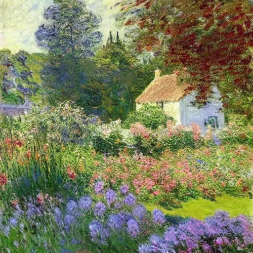 Prompt: Beautiful English cottage with excellent garden painting by Monet