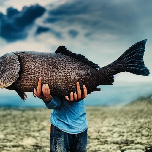 Image similar to a person holding a large fish over his head in a volcano
