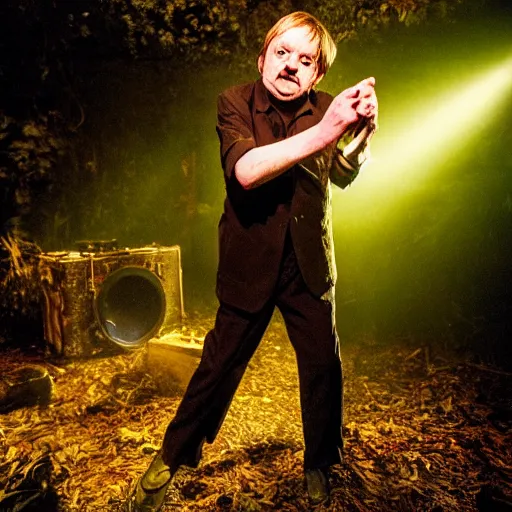 Prompt: mark e smith cannibal in a haunted jungle, photograph, 4 k, dramatic lighting