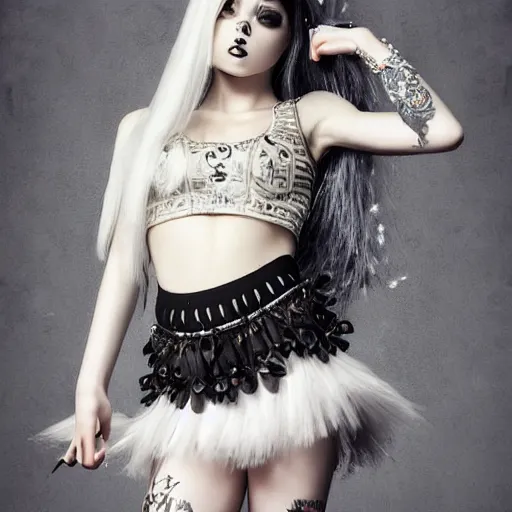 Prompt: kerli koiv model goth girl in mini skirt and crop top intricate, extremely detailed, photograph, photorealistic, 8 k sensual lighting, incredible art, l