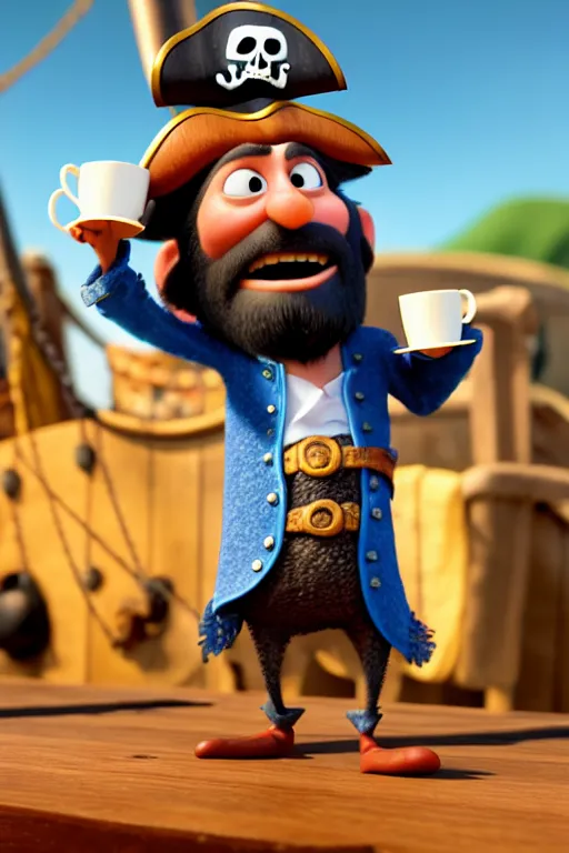 Image similar to the pirate blackbeard very expressive holding a cup of coffee, full body with a pirate ship on background. pixar disney 4 k 3 d render funny animation movie oscar winning trending on artstation and behance. ratatouille style.