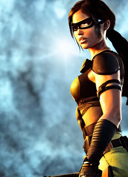 Image similar to a film still of lara croft as batgirl, her sweat, sun light, close up potrait, cinematic,