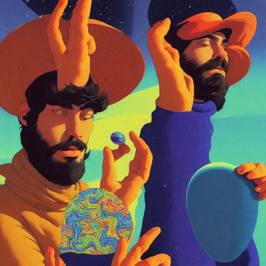 Prompt: a portrait of a young bearded man holding a colorful and suspicious alien artifact dug up from an astrological space site, and dreaming psychedelic hallucinations in the vast icy landscape of antarctica, by soul bass, kawase hasui, moebius and edward hopper, colorful flat surreal design, xray hd, 8 k, artstation