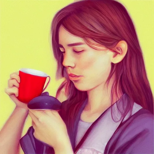 Prompt: “A girl drinking tea, photorealism, trending on Artstation”