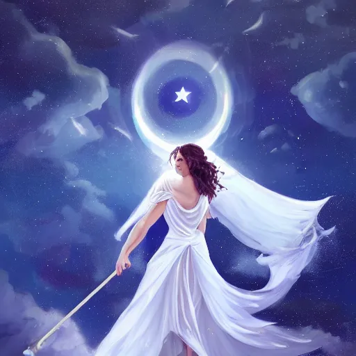 Prompt: The conceptual art features a woman with wings made of stars, surrounded by a blue and white night sky. The woman is holding a staff in one hand, and a star in the other. She is wearing a billowing white dress, and her hair is blowing in the wind. by Andreas Rocha random